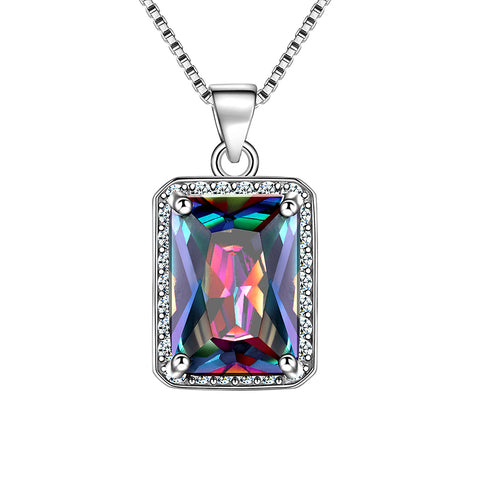 Rectangle Rainbow Mystic Fire Topaz Necklace 925 Sterling Silver Pendant Women Girl Jewelry Gifts