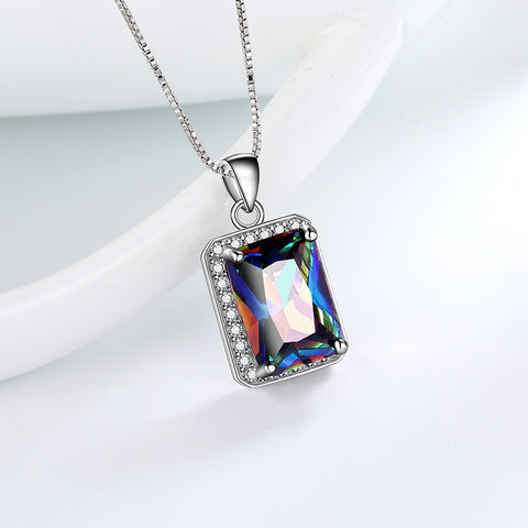 Rectangle Mystic Fire Topaz Necklace Pendant Women Girl Jewelry Gifts 925 Sterling Silver - Aurora Tears Jewelry