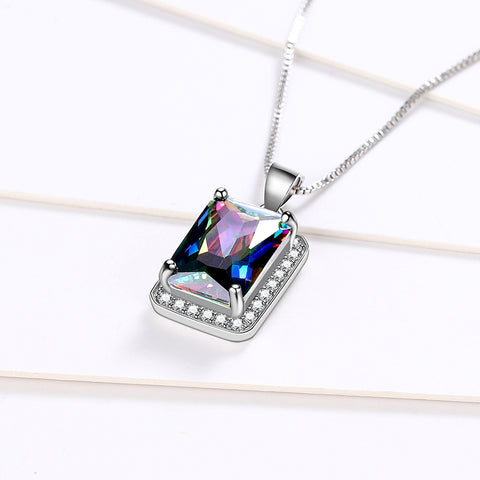 Rectangle Mystic Fire Topaz Necklace Pendant Women Girl Jewelry Gifts 925 Sterling Silver - Aurora Tears Jewelry