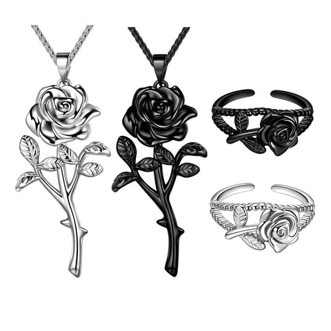 Gothic Vintage Rose Jewelry Sets Women Girls 3D Rose Flower Pendant Necklace Open Ring Dating Valentine's Day Gifts - Aurora Tears Jewelry