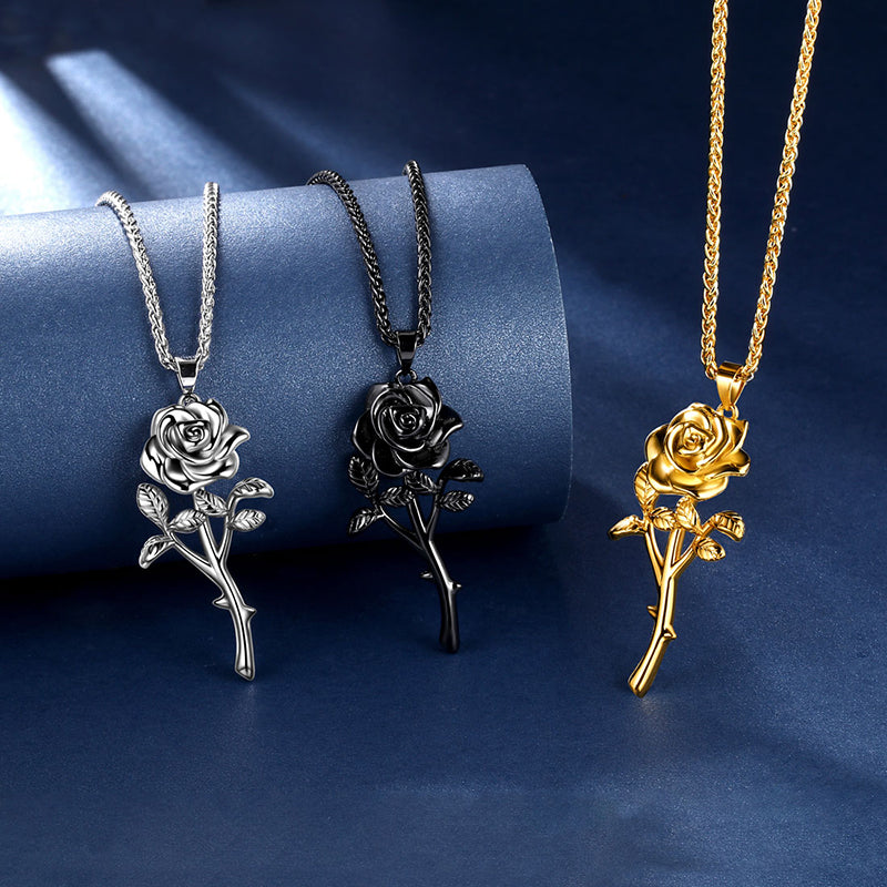 Gothic Vintage Rose Jewelry Sets Women Girls 3D Rose Flower Pendant Necklace Open Ring Dating Valentine's Day Gifts - Aurora Tears Jewelry