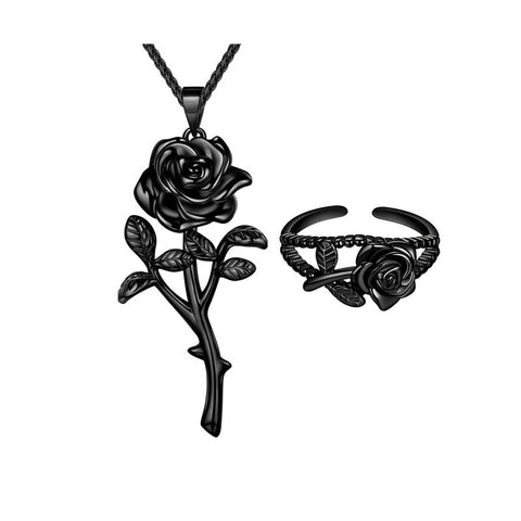 Gothic Vintage Rose Jewelry Sets Women Girls 3D Rose Flower Pendant Necklace Open Ring Dating Valentine's Day Gifts - Aurora Tears Jewelry