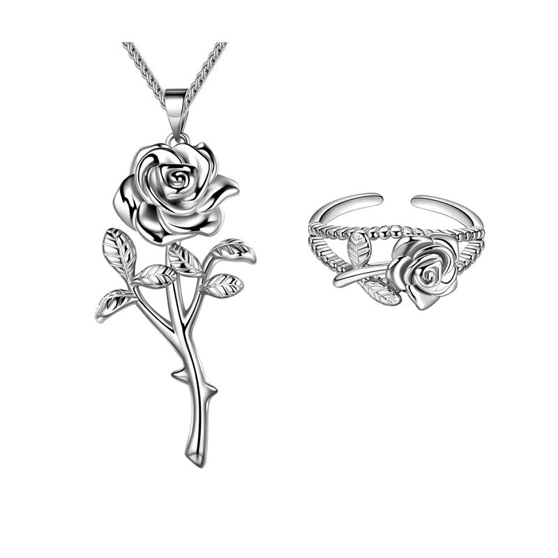 Gothic Vintage Rose Jewelry Sets Women Girls 3D Rose Flower Pendant Necklace Open Ring Dating Valentine's Day Gifts - Aurora Tears Jewelry