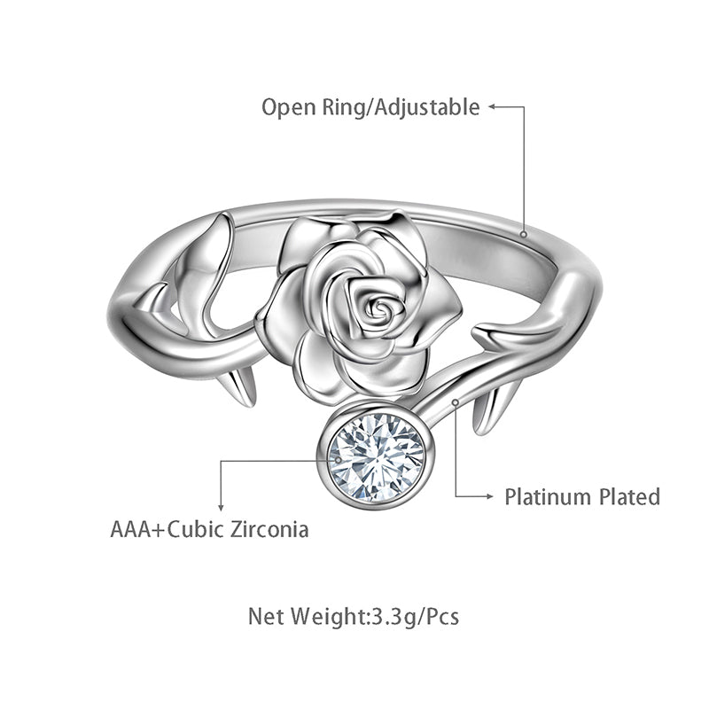 Rose Ring 3D Rose Flower Open Ring Jewelry Women Girls Wedding Engagement Valentine's Day Gifts - Aurora Tears Jewelry
