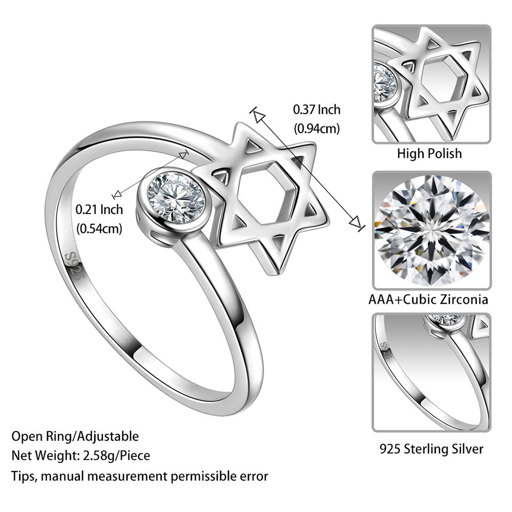 Star of David Ring Adjustable 925 Sterling Silver Women Men Jewelry Gift - Rings - Aurora Tears