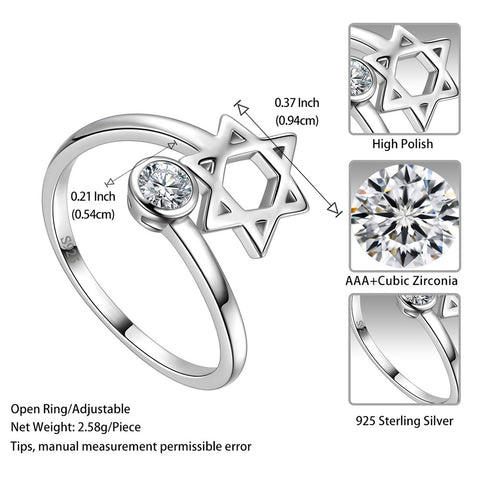 Star of David Ring Adjustable 925 Sterling Silver Women Men Jewelry Gift - Rings - Aurora Tears