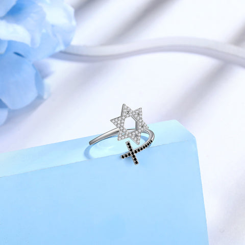 Star of David Ring for Women Mens 925 Sterling Silver Magen David Star Cross Ring Jewish Jewelry
