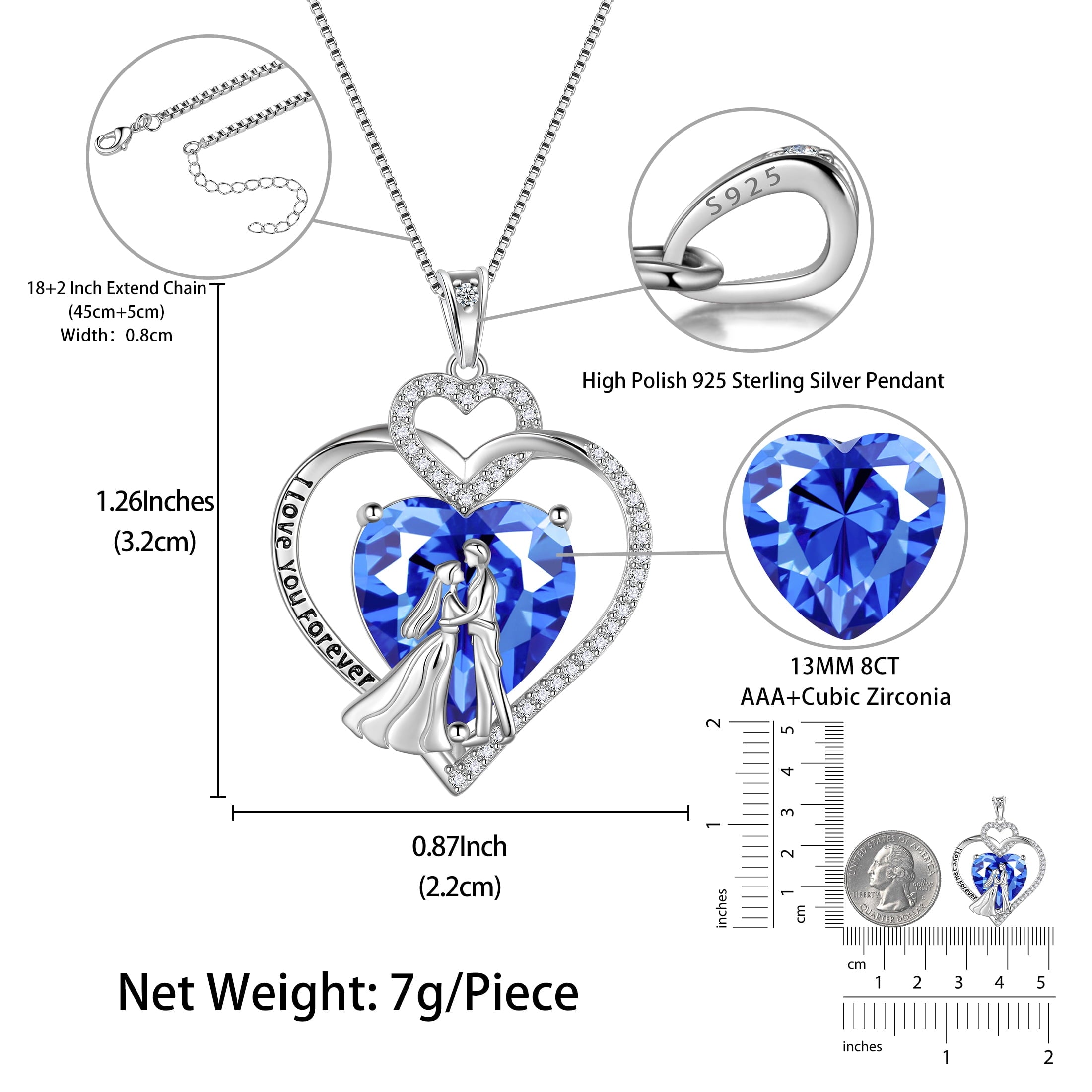 Couple Necklace for Women 925 Sterling Silver Heart December Birthstone Tanzanite Pendant Love Promise Engagement Jewelry Valentine's Day Gifts for Her Wife Bride - Aurora Tears