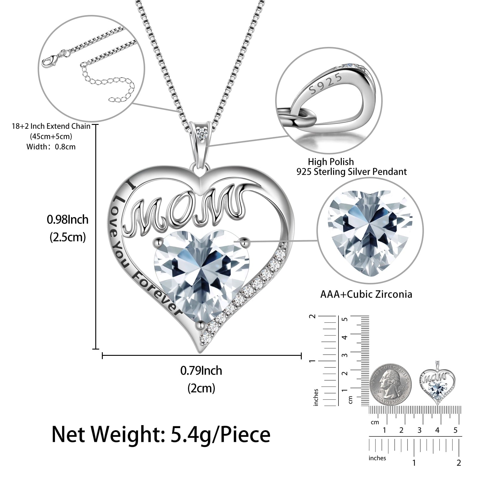 Women Mom Necklace Heart April Birthstone Necklace Diamond White CZ 925 Sterling Silver Pendant Jewelry Christmas Birthday Mother's Day Gifts - Aurora Tears