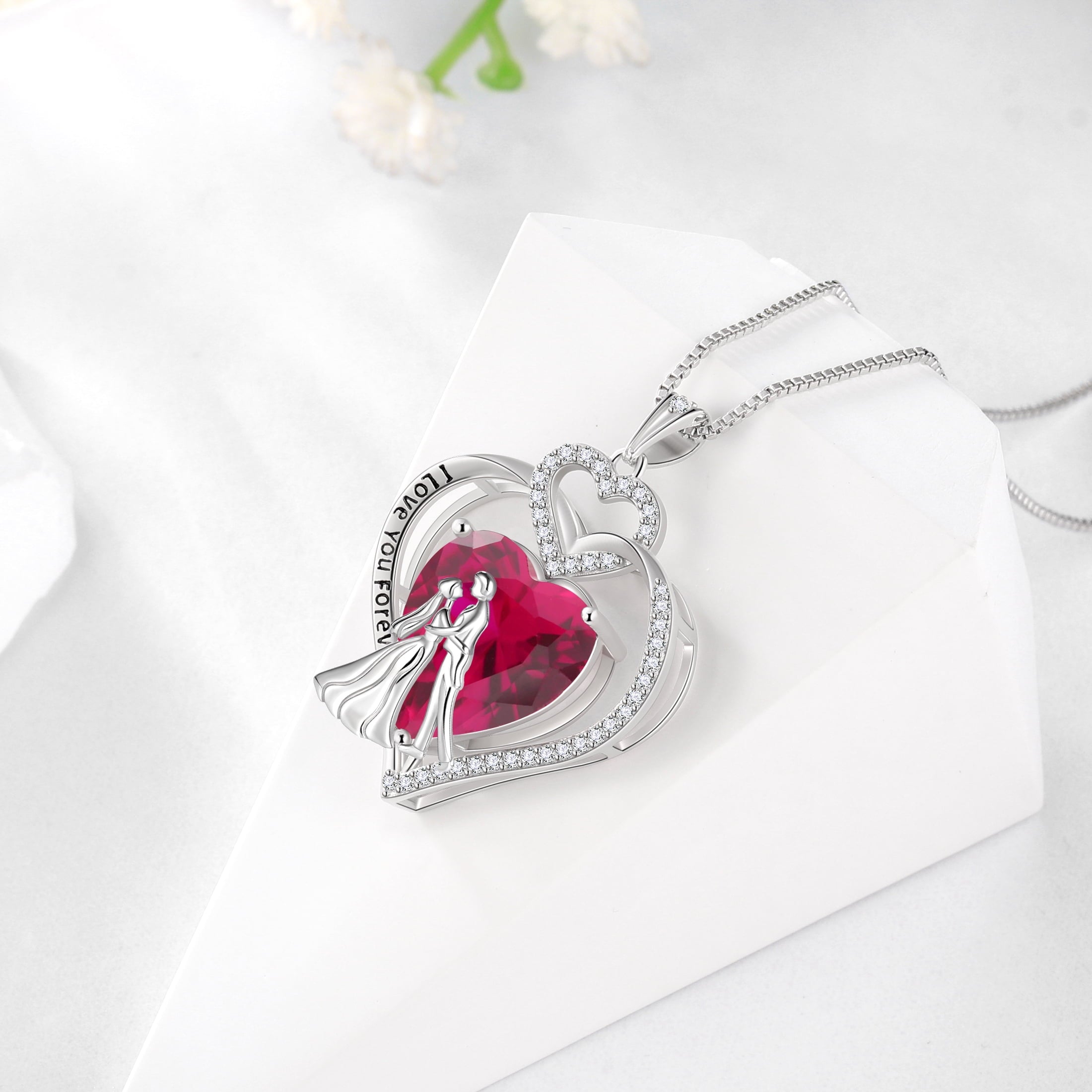 Couple Necklace for Women 925 Sterling Silver Heart July Birthstone Pendant Love You Wedding Engagement Jewelry Valentines Day Gift for Her Wife Girlfriend Bride - Aurora Tears
