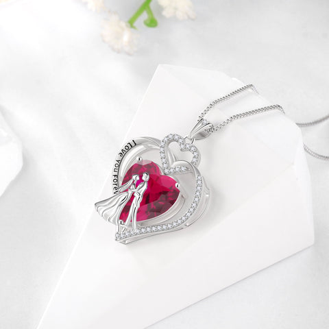 Couple Necklace for Women 925 Sterling Silver Heart July Birthstone Pendant Love You Wedding Engagement Jewelry Valentines Day Gift for Her Wife Girlfriend Bride - Aurora Tears