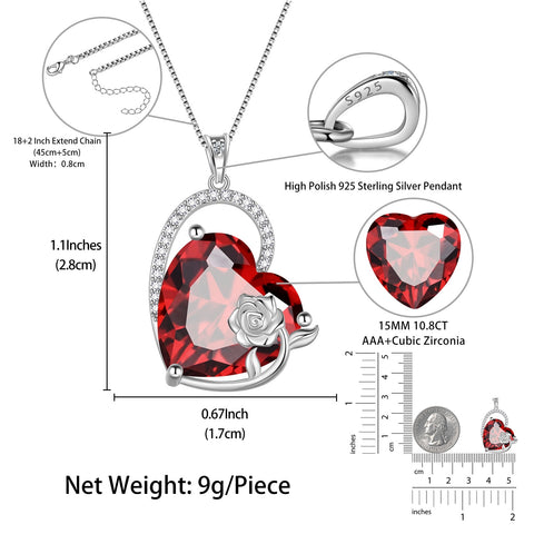 925 Sterling Silver 15MM Heart Necklace Women January Birthstone Garnet Jewelry Red Rose Flower Pendant Mother Birthday Valentine's Day Xmas Gift - Aurora Tears
