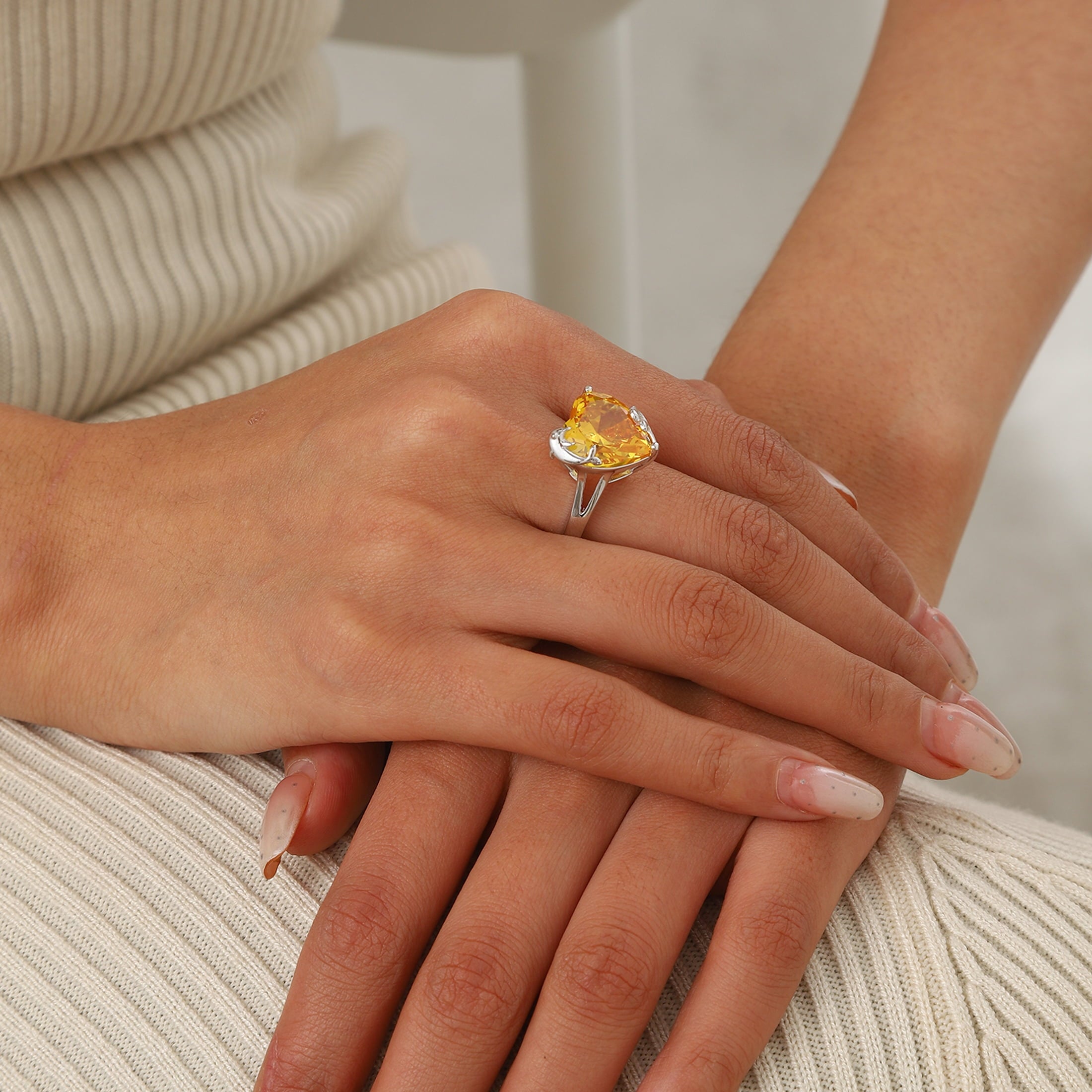 9Ct Women Heart Ring 925 Sterling Silver Dolphin November Birthstone Citrine Solitaire Ring Jewelry Christmas Thanksgiving Gift for Mother - Aurora Tears