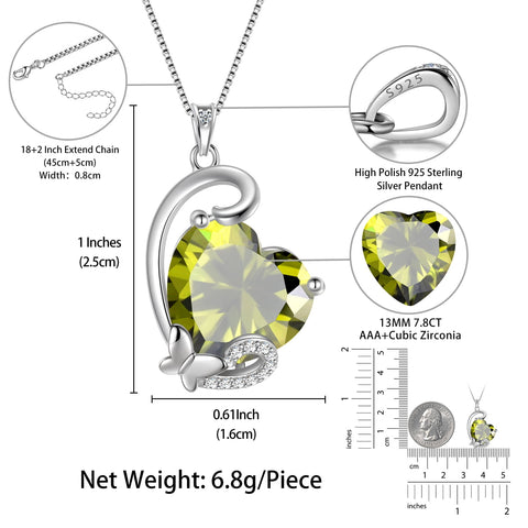 August Birthstone Heart Necklace Butterfly Pendant Green Peridot Jewelry 925 Sterling Silver Women Birthday Christmas Mother's Day Gift - Aurora Tears