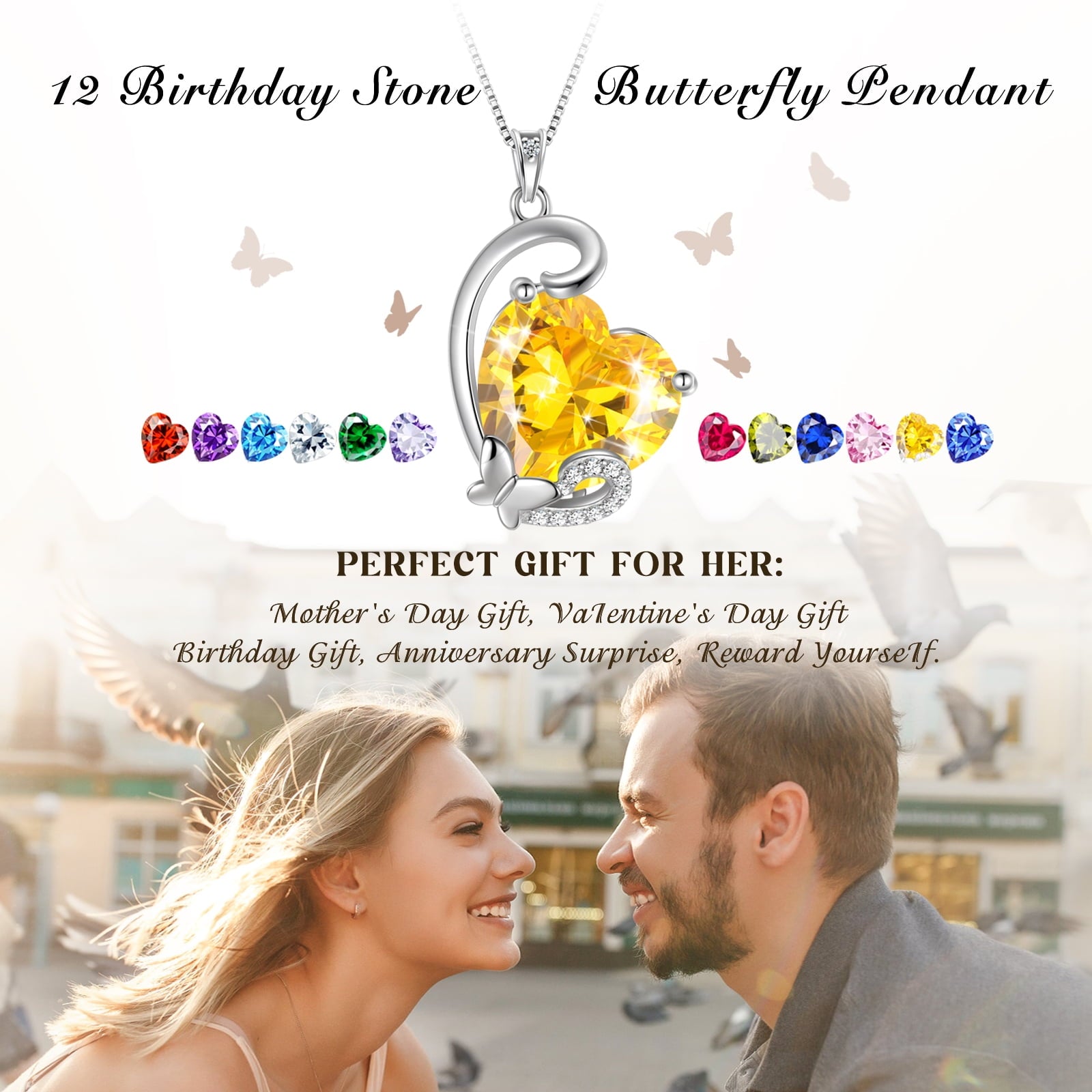 September Birthstone Heart Necklace Butterfly Pendant Blue Sapphire Jewelry 925 Sterling Silver Necklace Christmas Birthday Mother's Day Gift for Women - Aurora Tears