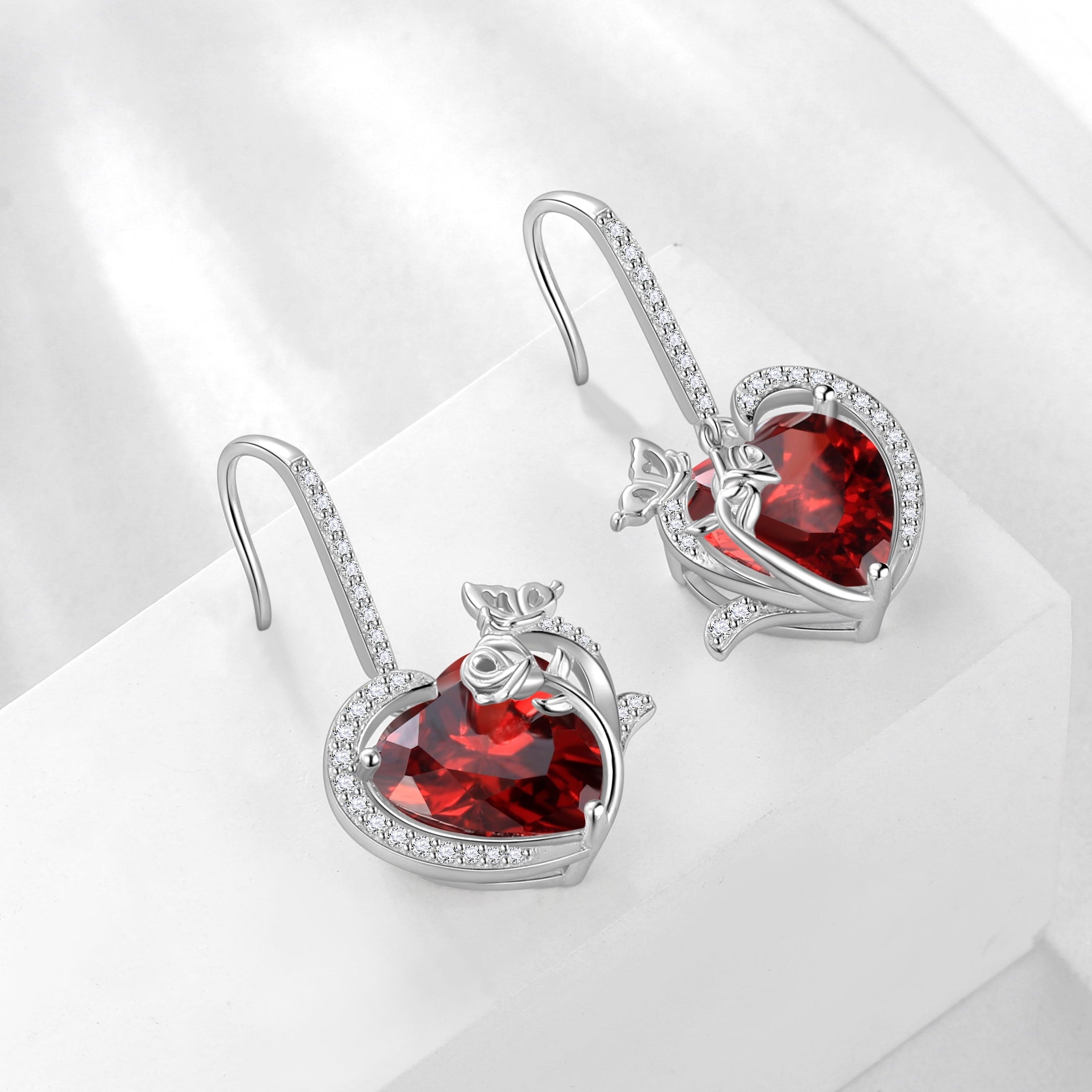Women January Birthstone Dangle Drop Earrings Heart Garnet Red Butterfly Rose Flower 925 Sterling Silver Hook Jewelry Mom Birthday Gift - Aurora Tears