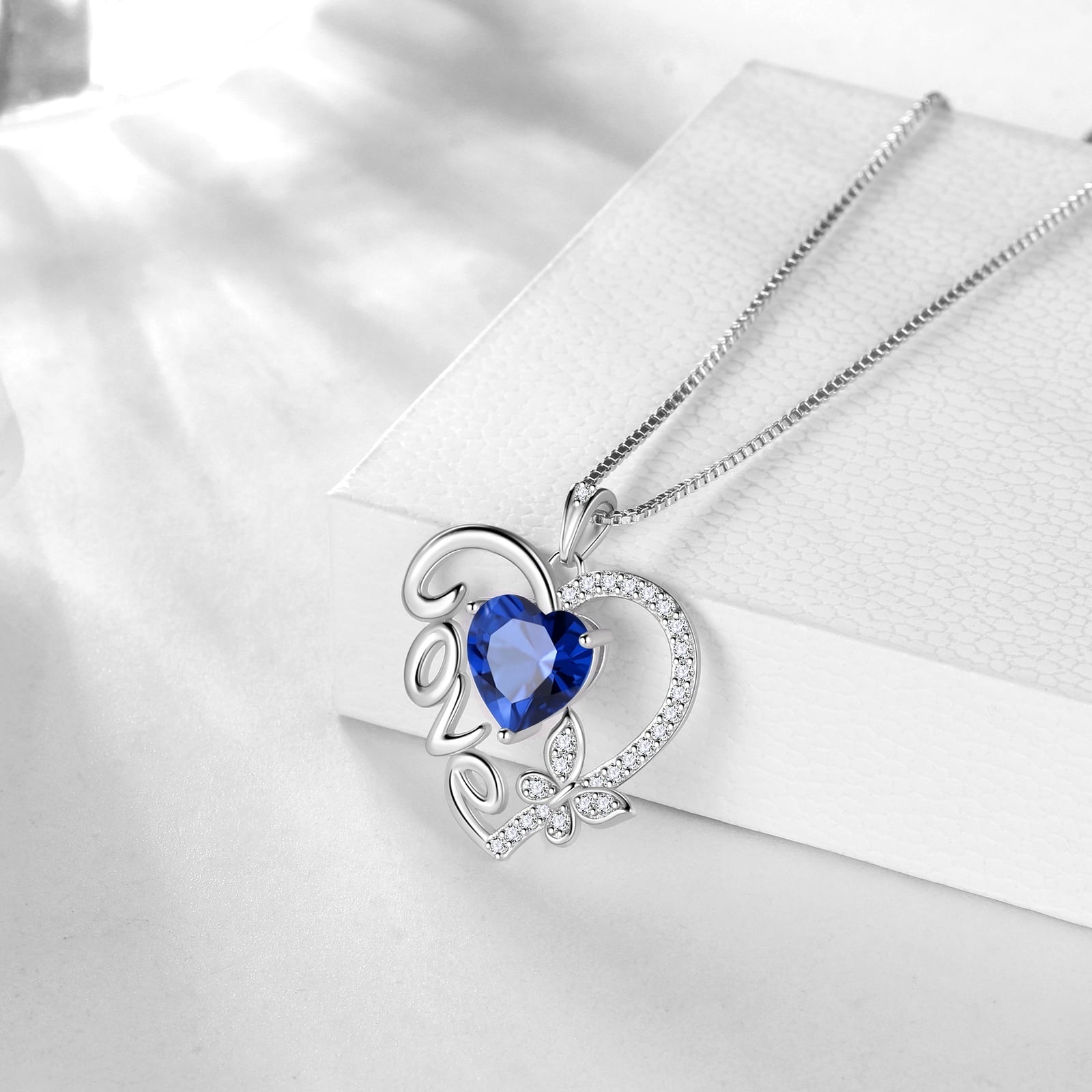 Women Blue Love Heart Necklace Butterfly September Birthstone Necklace Sapphire 925 Sterling Silver Pendant Jewelry Christmas Birthday Mother's Day Gift - Aurora Tears