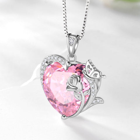 Women Heart Necklace Butterfly Rose Flower Pendant October Birthstone Tourmaline Pink Jewelry 925 Sterling Silver Mother Wife Girlfriend Valentines Gift - Aurora Tears