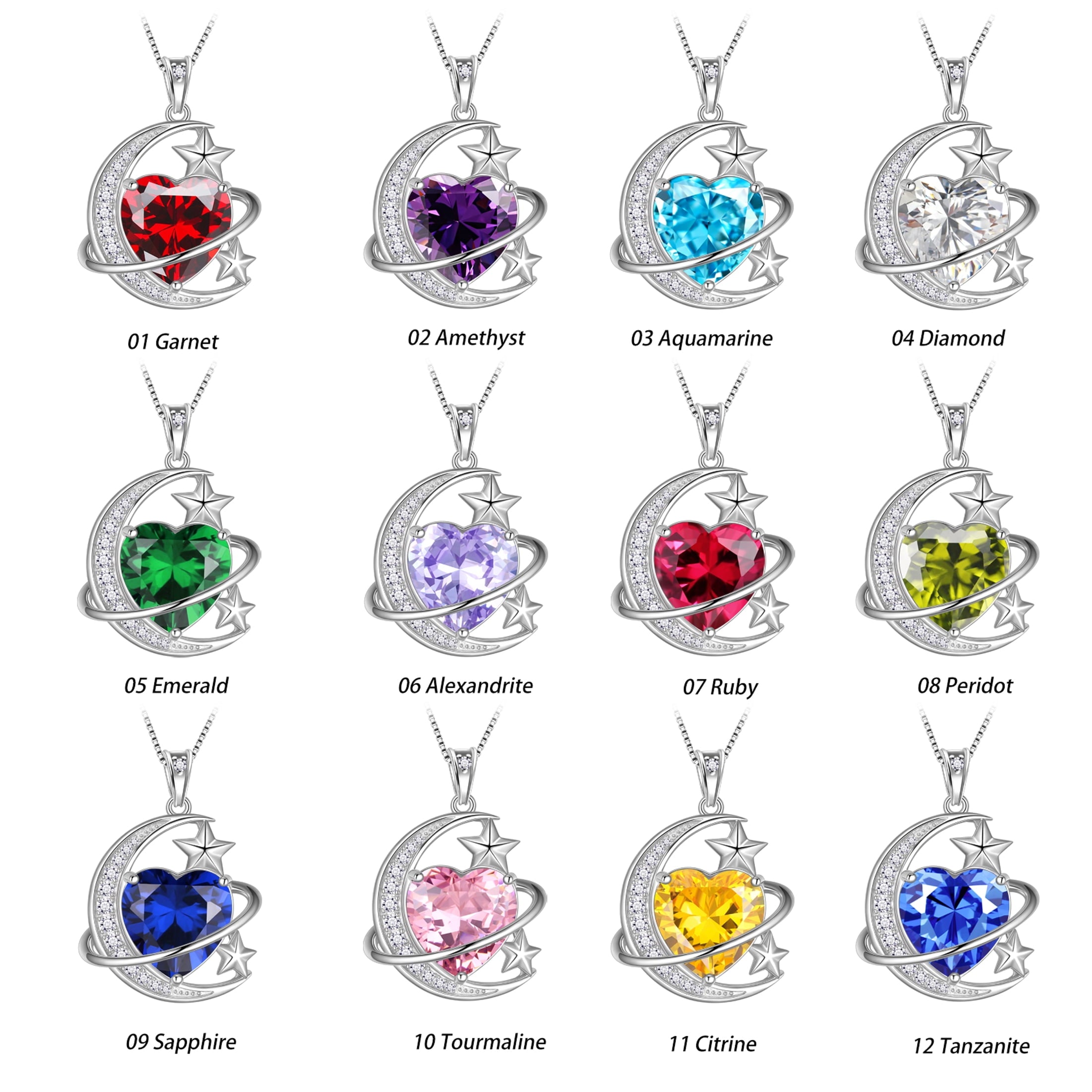 13MM Women Moon and Star Necklace Heart June Birthstone 925 Sterling Silver Celestial Pendant Purple Alexandrite Jewelry Christmas Birthday Valentines Gift for Her/Wife/Mom - Aurora Tears