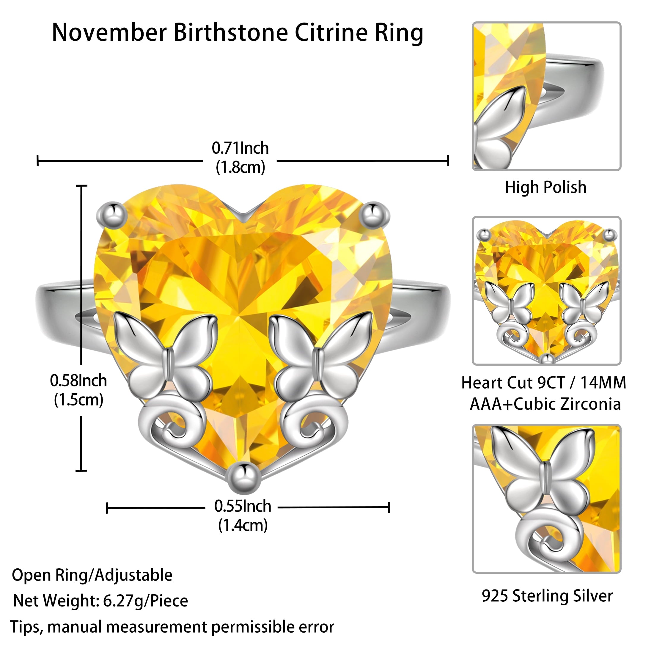 9Ct Women Heart Ring 925 Sterling Silver Butterfly November Birthstone Citrine Solitaire Ring Jewelry Christmas Thanksgiving Gift for Mother - Aurora Tears