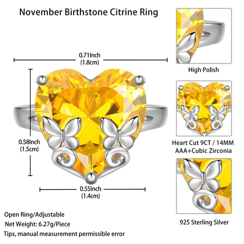 9Ct Women Heart Ring 925 Sterling Silver Butterfly November Birthstone Citrine Solitaire Ring Jewelry Christmas Thanksgiving Gift for Mother - Aurora Tears