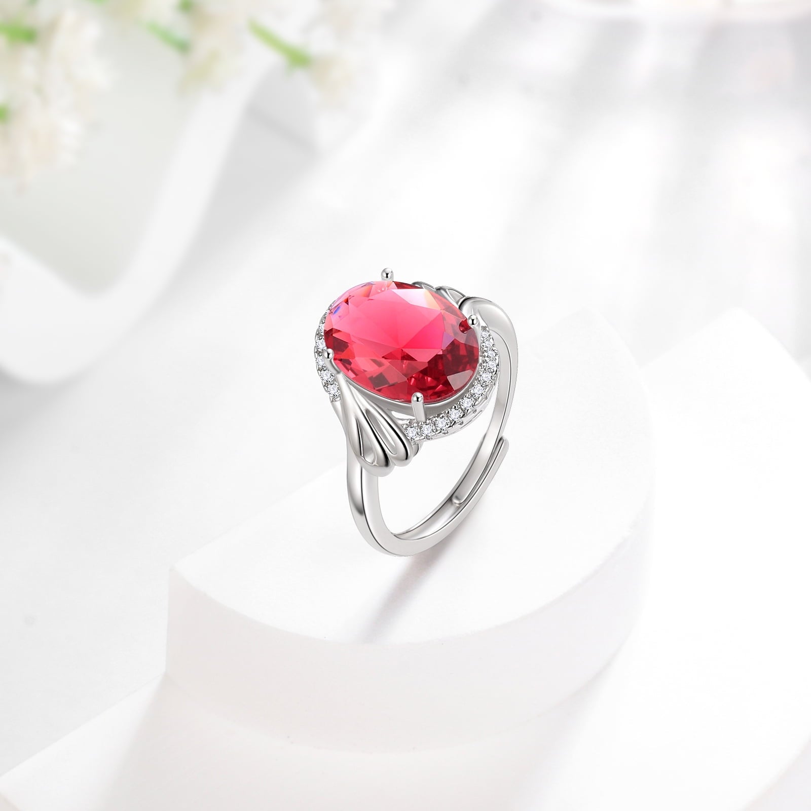 8Ct Oval Ruby Women Ring 925 Sterling Silver Halo July Birthstone Red Band Jewelry Mother Grandma Birthday Xmas Valentine's Day Gift - Aurora Tears