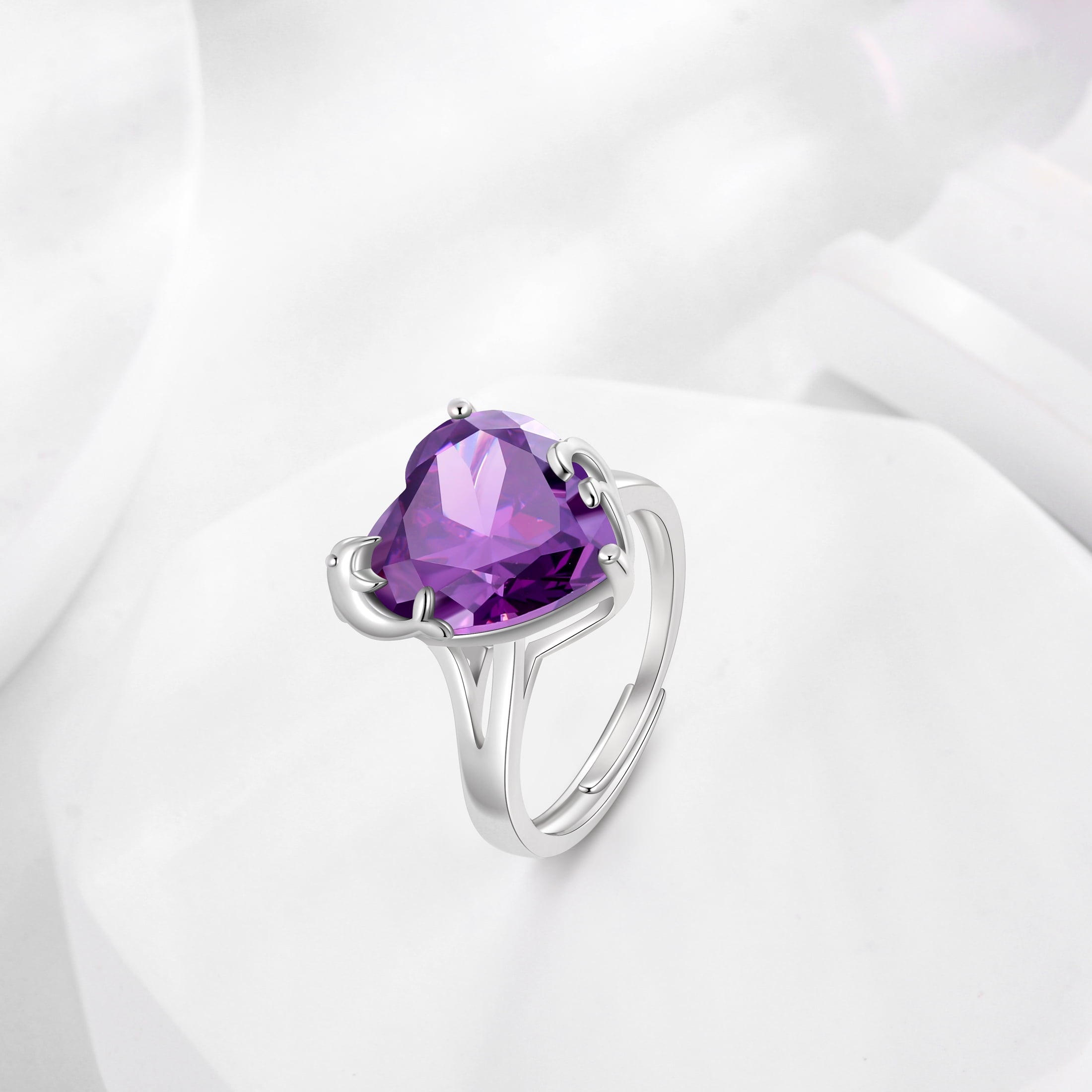 9Ct Women Heart Ring 925 Sterling Silver Dolphin February Birthstone Amethyst Purple Solitaire Ring Jewelry Girlfriend Valentine's Day Gift - Aurora Tears