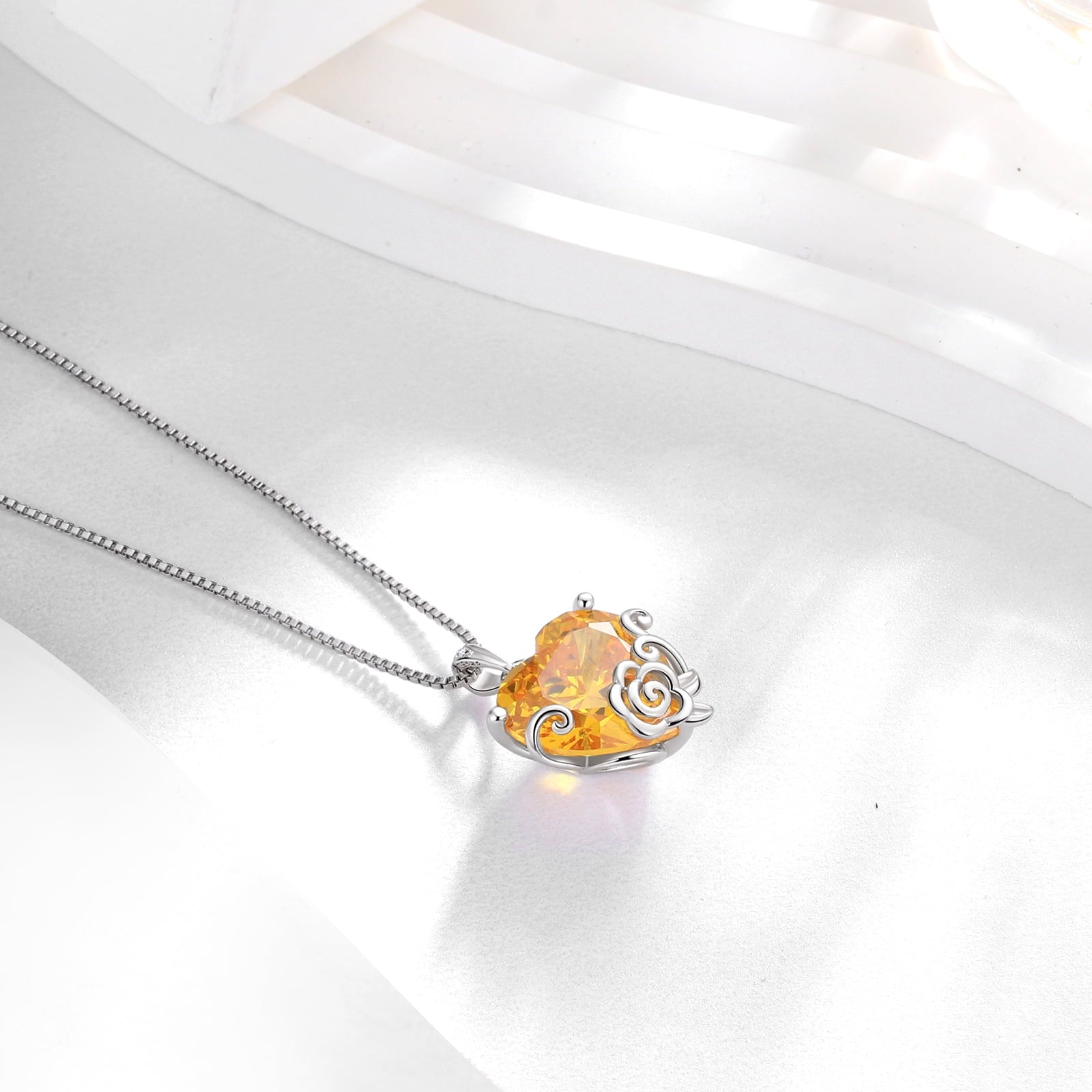 Women Heart Necklace November Birthstone Citrine Jewelry Yellow 925 Sterling Silver Rose Flower Pendant Christmas Birthday Gifts for Mother - Aurora Tears