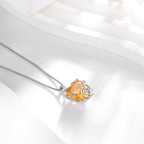 Women Heart Necklace November Birthstone Citrine Jewelry Yellow 925 Sterling Silver Rose Flower Pendant Christmas Birthday Gifts for Mother - Aurora Tears