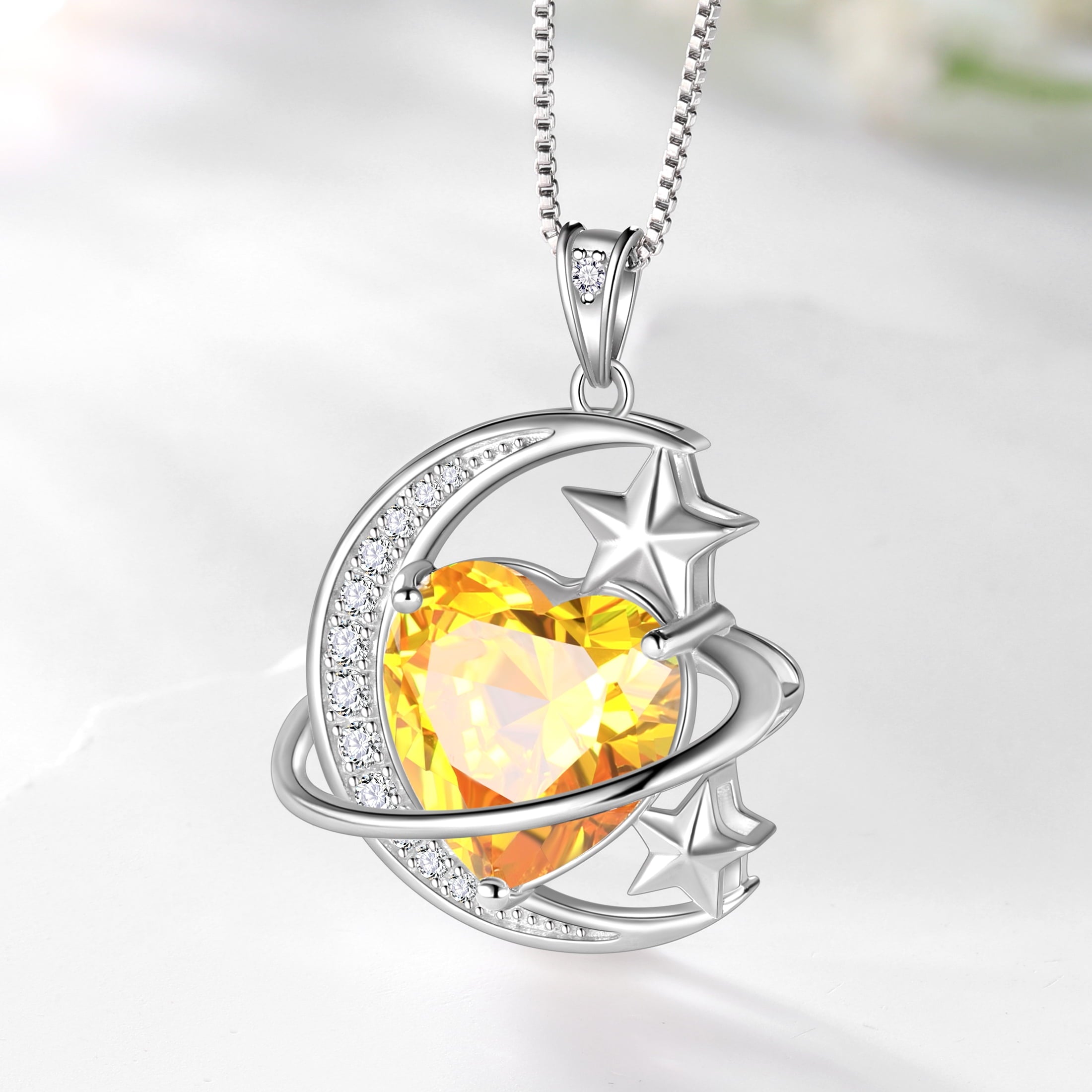 13MM Women Moon and Star Necklace Heart November Birthstone 925 Sterling Silver Sun and Moon Necklace Pendant Yellow Citrine Jewelry Christmas Valentines Mother's Day Gift - Aurora Tears
