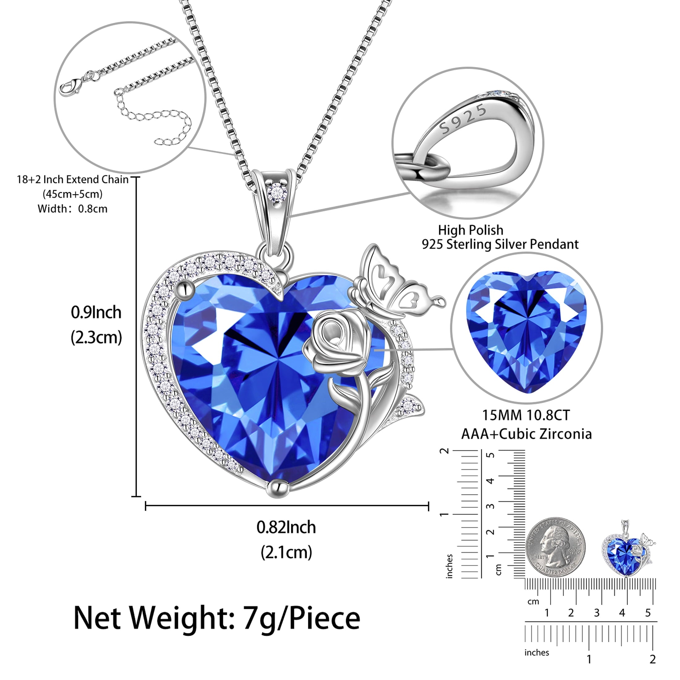 Women Heart Necklace Butterfly Rose Flower Pendant December Tanzanite Blue Jewelry 925 Sterling Silver Wife Mother Christmas Valentines Gifts - Aurora Tears
