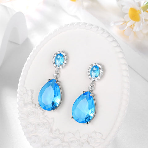10Ct Teardrop Dangle Earrings Women Blue Topaz March Birthstone Aquamarine Jewelry 925 Sterling Silver Birthday Mother's Day Gifts - Aurora Tears