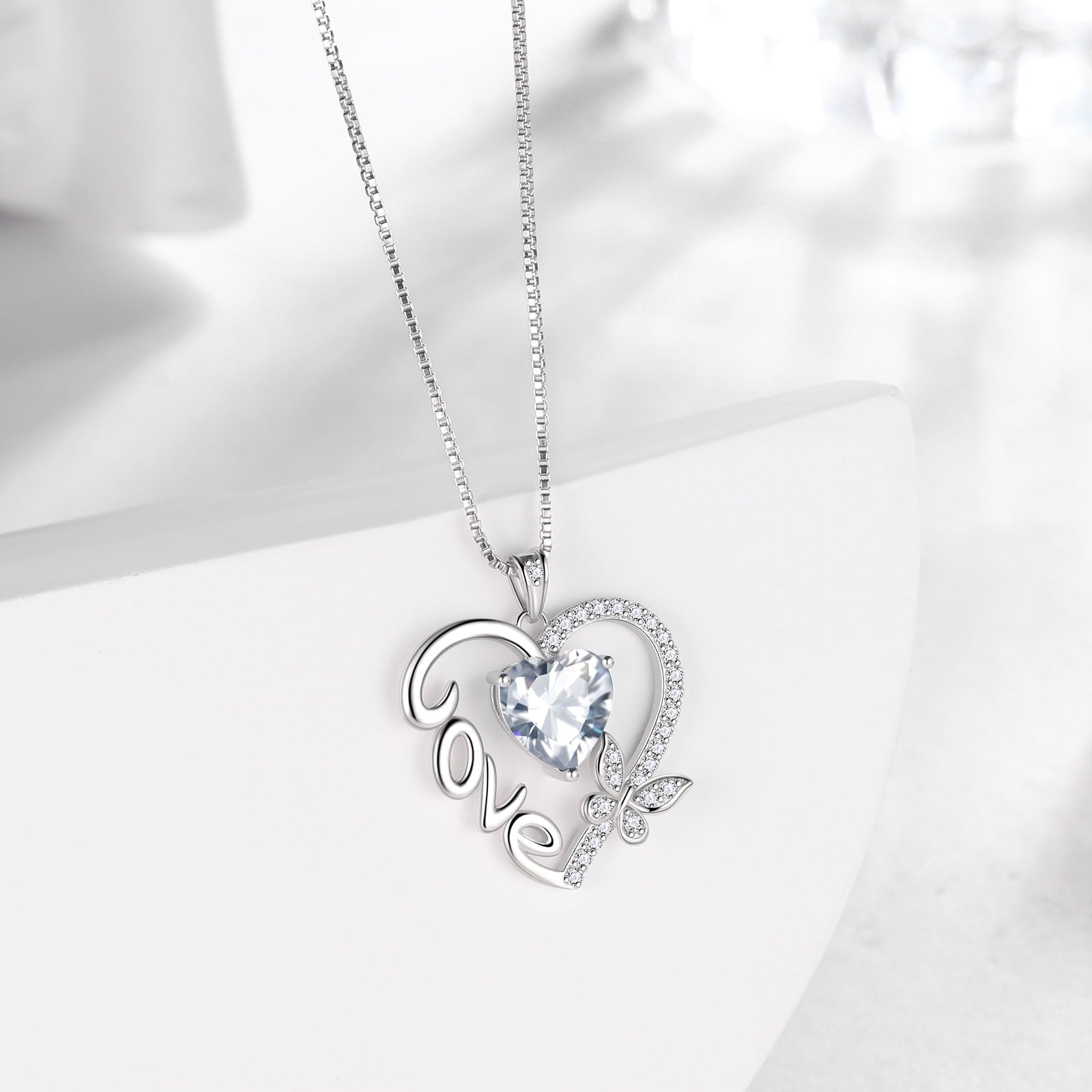 Women White Love Heart Necklace Butterfly April Birthstone Necklace Diamond CZ 925 Sterling Silver Pendant Jewelry Birthday Valentines Mother's Day Gift - Aurora Tears