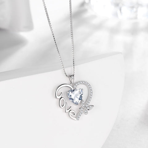 Women White Love Heart Necklace Butterfly April Birthstone Necklace Diamond CZ 925 Sterling Silver Pendant Jewelry Birthday Valentines Mother's Day Gift - Aurora Tears