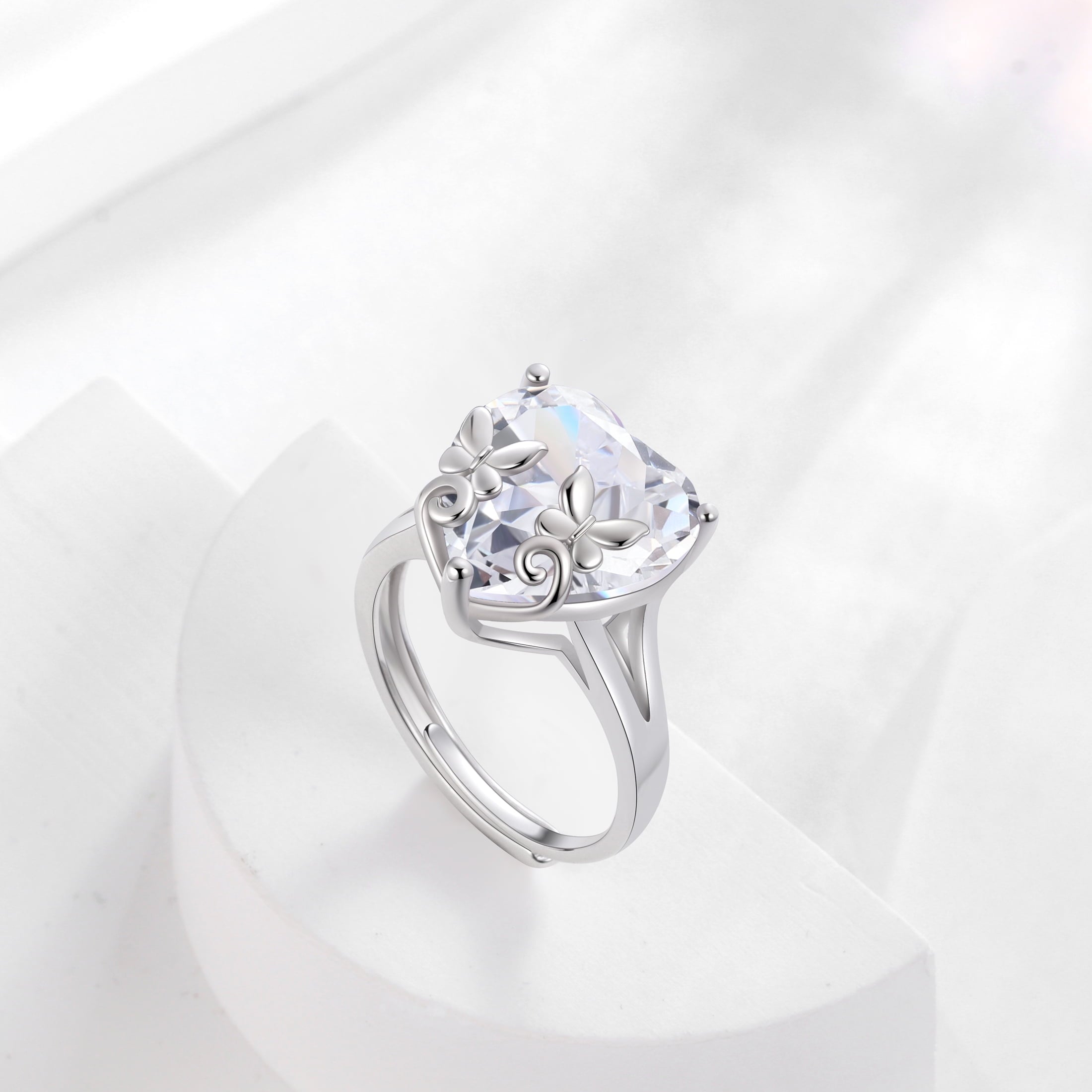 9Ct Women Heart Ring 925 Sterling Silver Butterfly April Birthstone Diamond Crystal Solitaire Ring Bridal Jewelry Birthday Gift - Aurora Tears