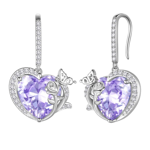 Boucles d'oreilles pendantes Juwaliy pour femmes, pierre de naissance, cœur, papillon, fleur, bijoux, crochet, argent sterling 925, cadeau de Saint-Valentin