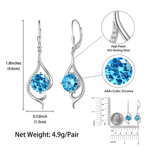 Women Dangle Earrings March Birthstone Earrings Aquamarine Blue Topaz Jewelry Tail 925 Sterling Silver Leverback Mother Wife Christmas Valentines Day Gift for Her - Aurora Tears