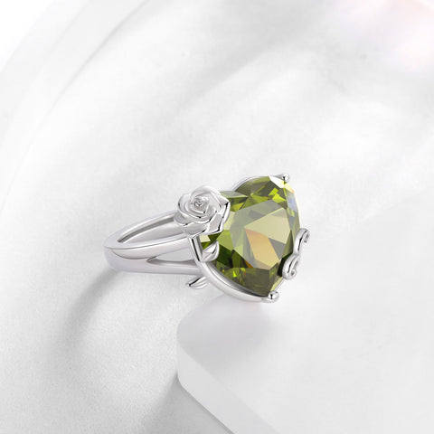9Ct Women Heart Ring 925 Sterling Silver Rose Flower August Birthstone Peridot Solitaire Ring Jewelry Mom Christmas Birthday Gift - Aurora Tears