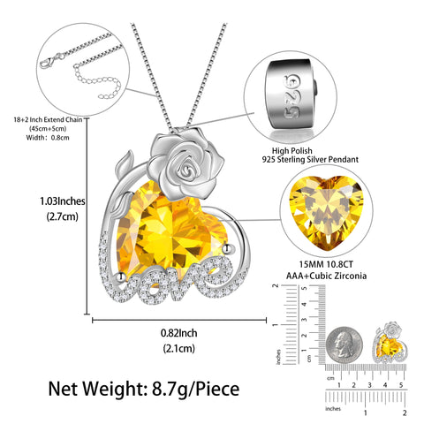15MM Rose Heart Women Necklace November Birthstone 925 Sterling Silver Love Flower Pendant Yellow Citrine Jewelry Mom Christmas Birthday Valentines Gift - Aurora Tears