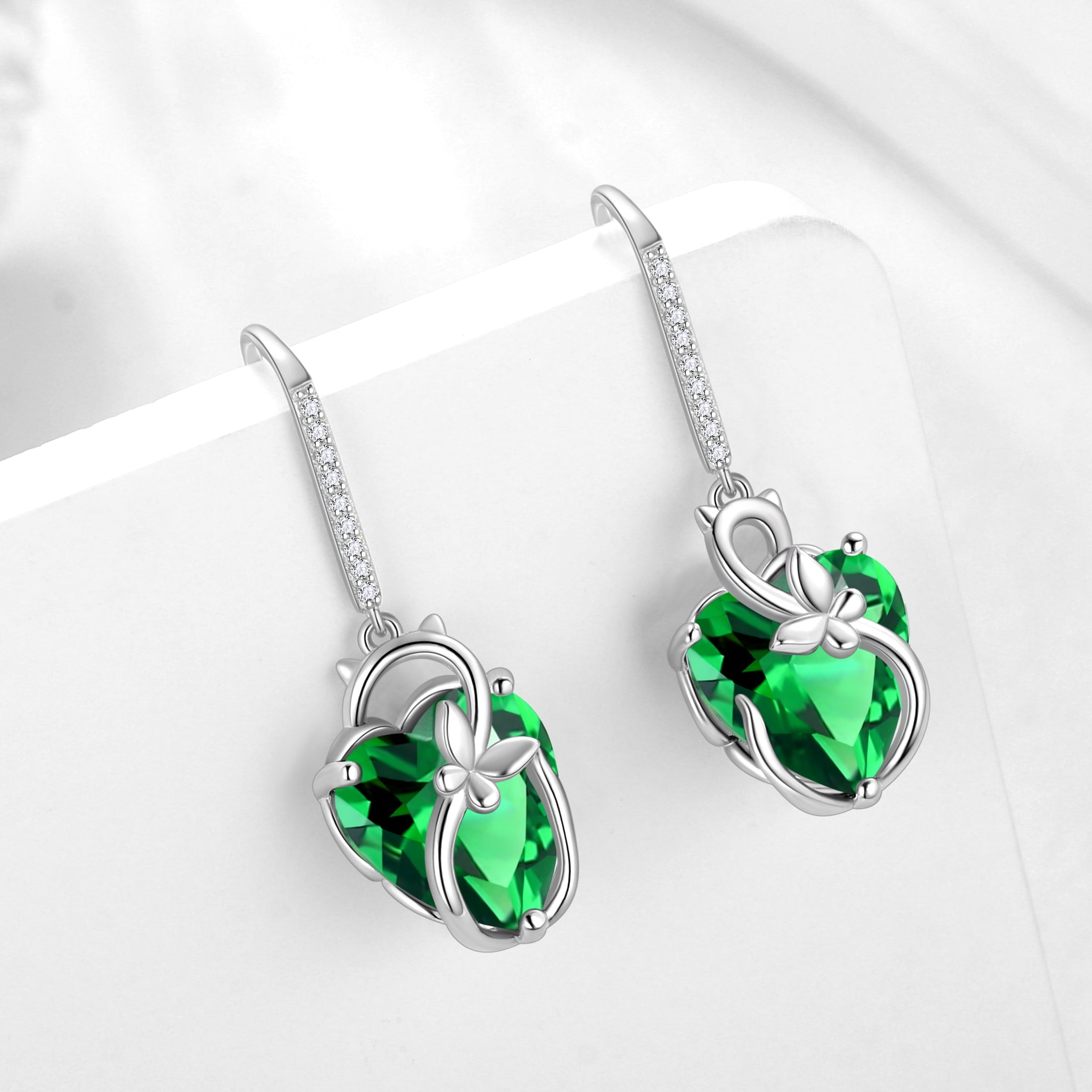 Cat Butterfly Earrings for Women 925 Sterling Silver Earrings Dangle Drop Hook Green Heart Emerald May Birthstone Jewelry Christmas Birthday Valentines Mother's Day Gifts for Mom Grandma - Aurora Tears