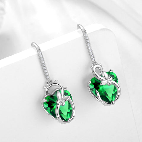 Cat Butterfly Earrings for Women 925 Sterling Silver Earrings Dangle Drop Hook Green Heart Emerald May Birthstone Jewelry Christmas Birthday Valentines Mother's Day Gifts for Mom Grandma - Aurora Tears
