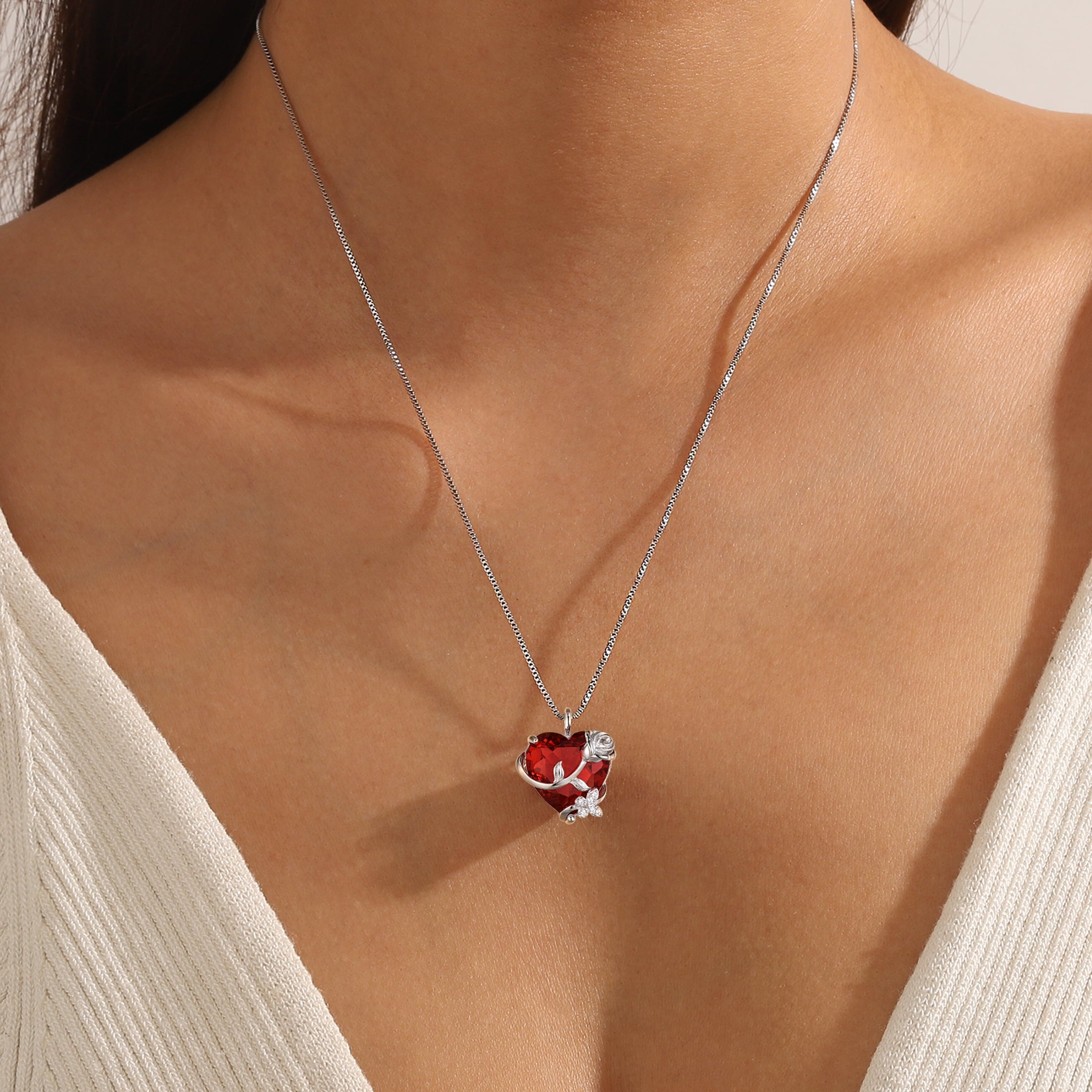 15MM Women Rose Heart Necklace January Birthstone 925 Sterling Silver Butterfly Flower Pendant Garnet Jewelry Mother Valentine's Day Gift - Aurora Tears