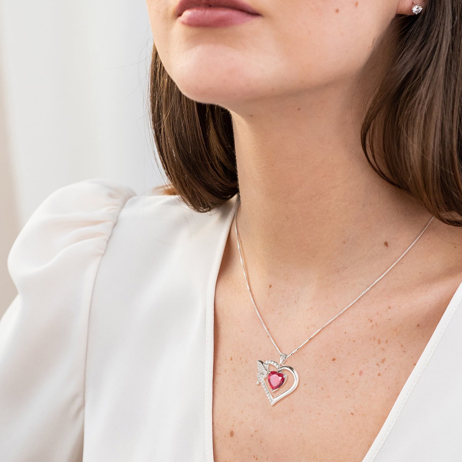 Women Red Heart Necklace Butterfly July Birthstone Necklace Ruby Crystal 925 Sterling Silver Pendant Jewelry Wedding Birthday Mother's Day Gifts - Aurora Tears