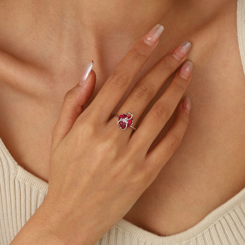 Women Heart Ring 925 Sterling Silver Cat Butterfly July Birthstone Ruby Red Solitaire Ring Jewelry Mother Birthday Valentine's Day Gift - Aurora Tears