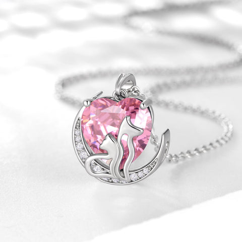 Women Animal Cat and Dog Necklace Pink Heart October Birthstone Charm Tourmaline Pendant Jewelry Christmas Birthday Gift for Mother Daughter Pet Lovers - Aurora Tears