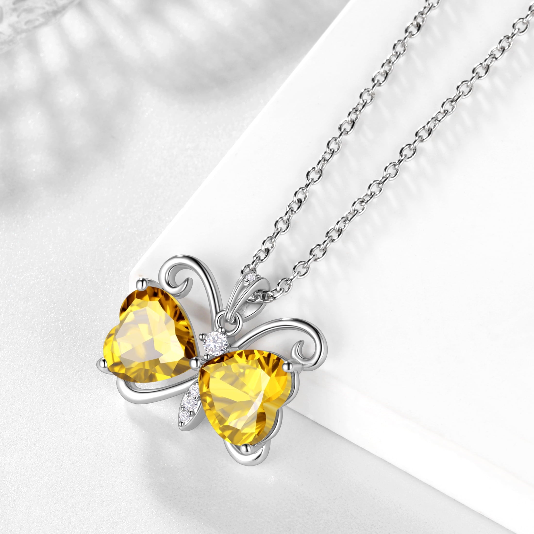 Women Yellow Butterfly Necklace Heart November Birthstone Necklace Citrine Silver Plated Pendant Jewelry Mother Wife Christmas Birthday Gift - Aurora Tears