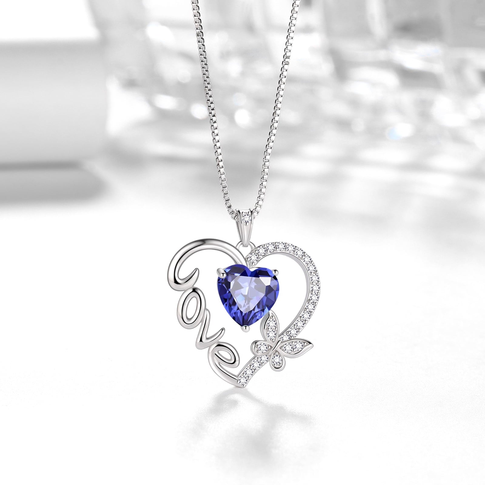 Women Blue Love Heart Necklace Butterfly December Birthstone Necklace Tanzanite 925 Sterling Silver Pendant Jewelry Mother Wife Christmas Birthday Gift - Aurora Tears