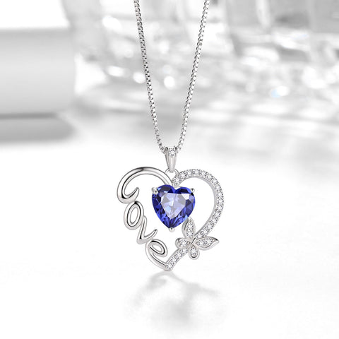 Women Blue Love Heart Necklace Butterfly December Birthstone Necklace Tanzanite 925 Sterling Silver Pendant Jewelry Mother Wife Christmas Birthday Gift - Aurora Tears