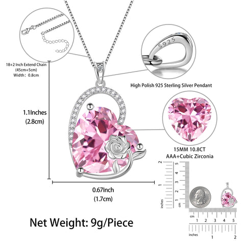 925 Sterling Silver 15MM Heart Necklace Women October Birthstone Tourmaline Jewelry Pink Rose Flower Pendant Mother Christmas Valentine's Day Gift - Aurora Tears