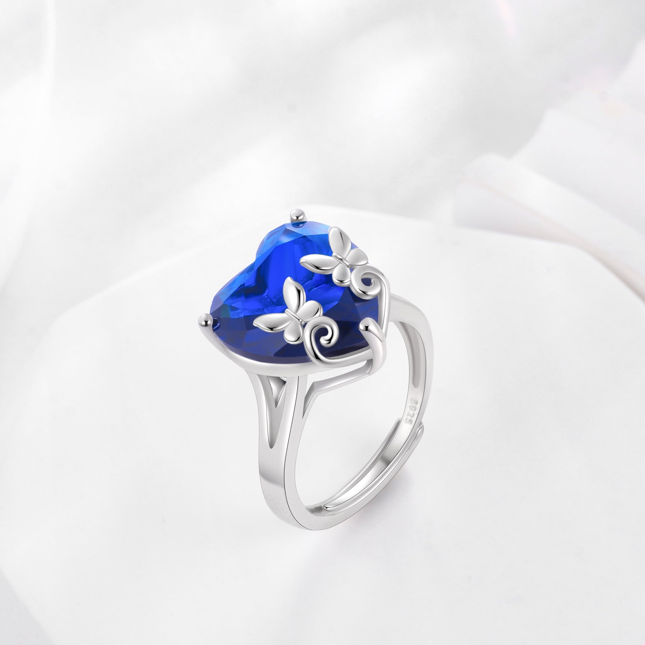 9Ct Women Heart Ring 925 Sterling Silver Butterfly September Birthstone Sapphire Blue Solitaire Ring Jewelry Birthday Mother's Day Gift - Aurora Tears